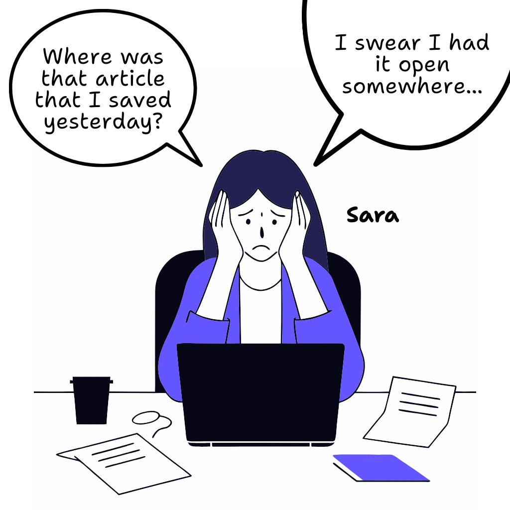 Sara at night with lots of glowing tabs